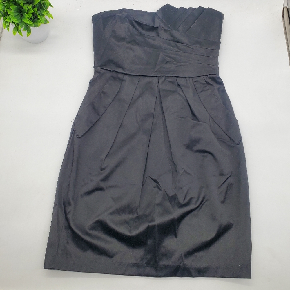 ♧ Vintage Teeze Me Black Satin Strapless Pleated Mini Dress Size 3